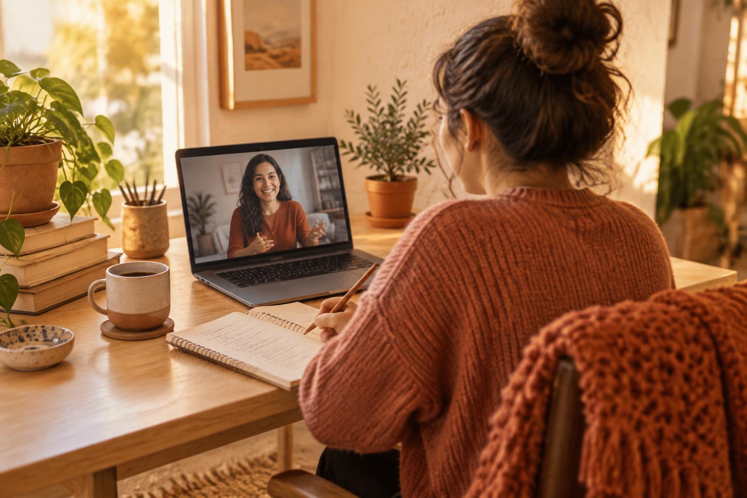A student taking an online Spanish lesson at a warm, sunlit desk